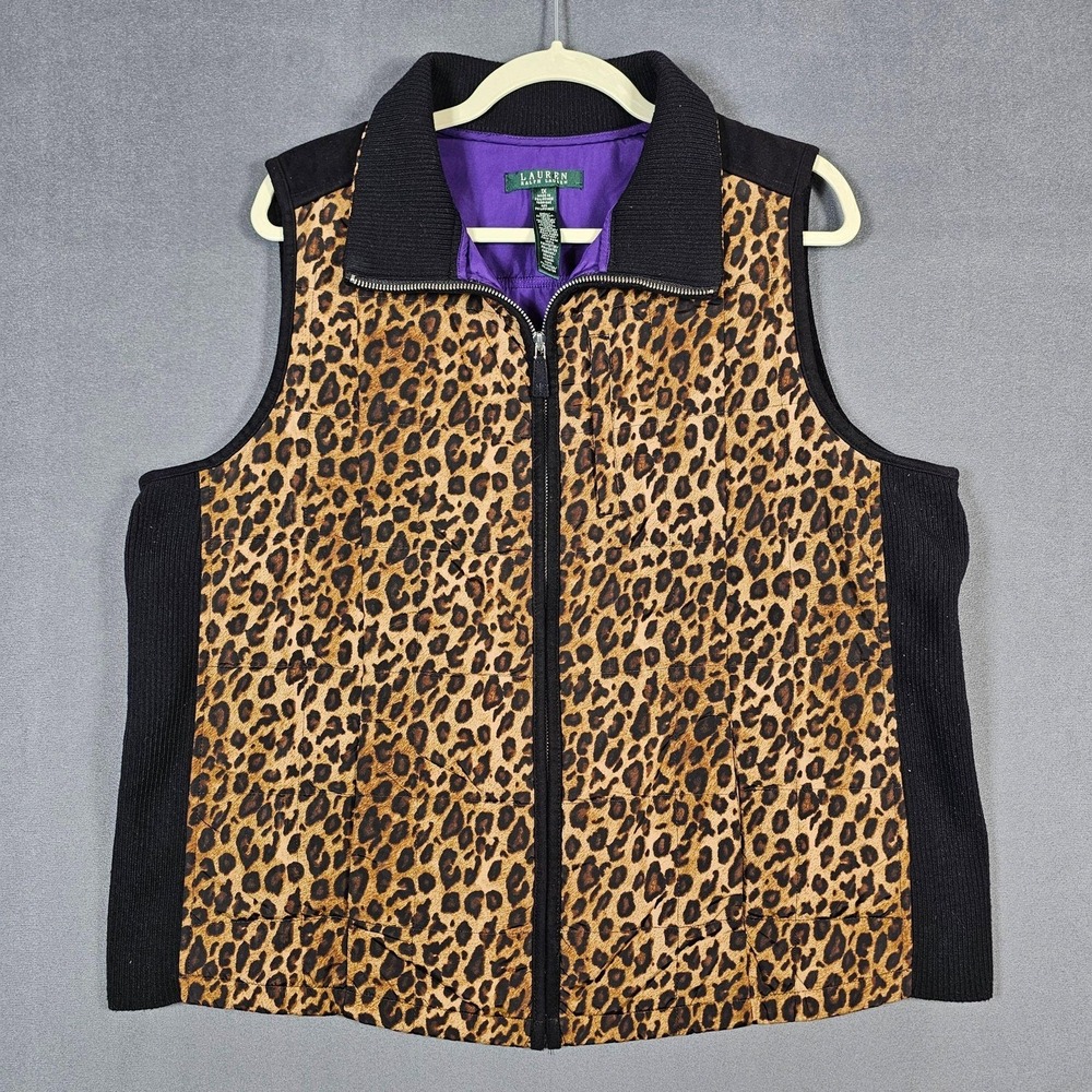 Lauren Ralph Lauren Vest Womens 1X Plus Brown Leopard Quilted Zip Puffer Lined